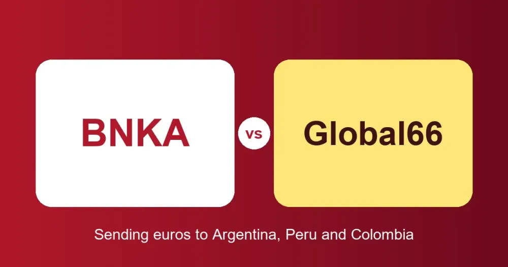 Flat illustration: two cards, BNKA and Global66, joined by a vs. Comparison for sending euros to Argentina, Peru and Colombia