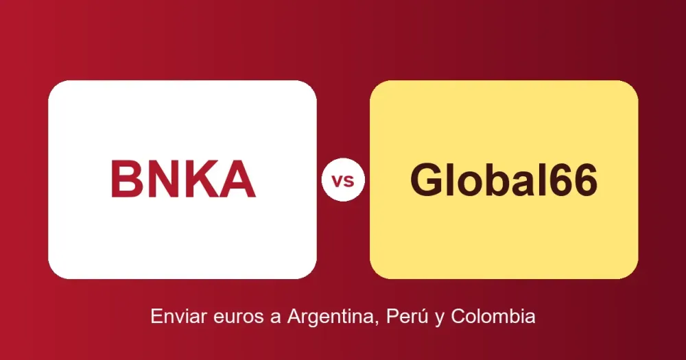 Ilustracion plana: dos tarjetas, BNKA y Global66, unidas por un vs. Comparativa para enviar euros a Argentina, Peru y Colombia