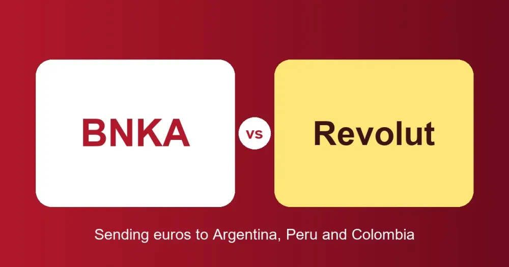 Flat illustration: two cards, BNKA and Revolut, joined by a vs. Comparison for sending euros to Argentina, Peru and Colombia