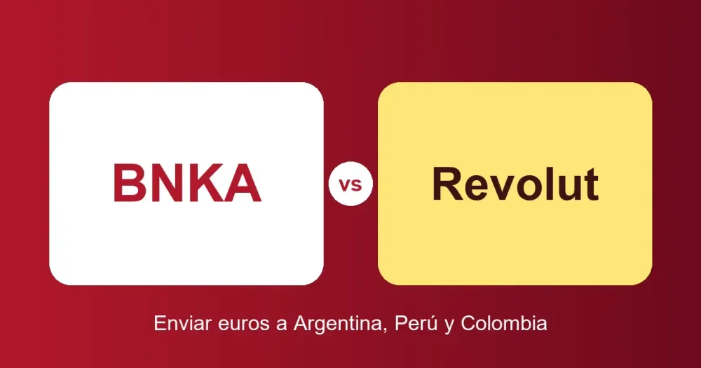 Ilustracion plana: dos tarjetas, BNKA y Revolut, unidas por un vs. Comparativa para enviar euros a Argentina, Peru y Colombia