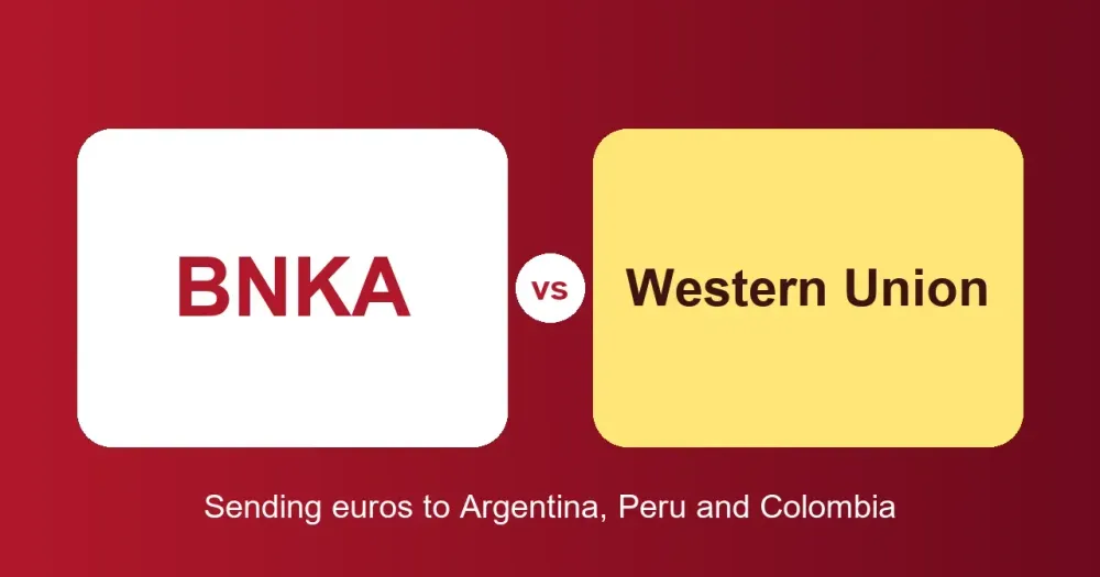Flat illustration: two cards, BNKA and Western Union, joined by a vs. Comparison for sending euros to Argentina, Peru and Colombia