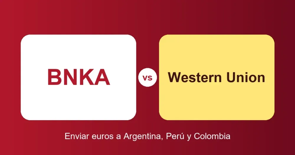 Ilustracion plana: dos tarjetas, BNKA y Western Union, unidas por un vs. Comparativa para enviar euros a Argentina, Peru y Colombia
