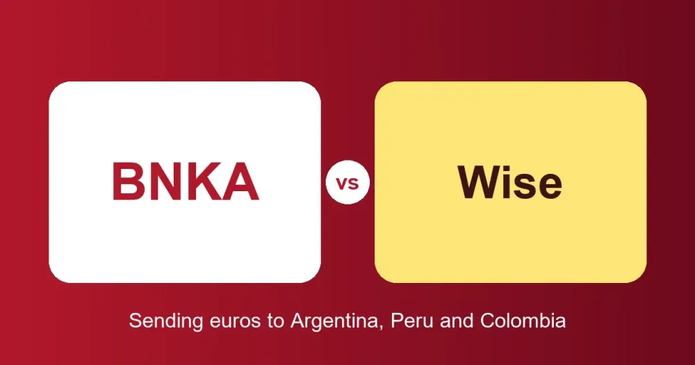 Flat illustration: two cards, BNKA and Wise, joined by a vs. Comparison for sending euros to Argentina, Peru and Colombia