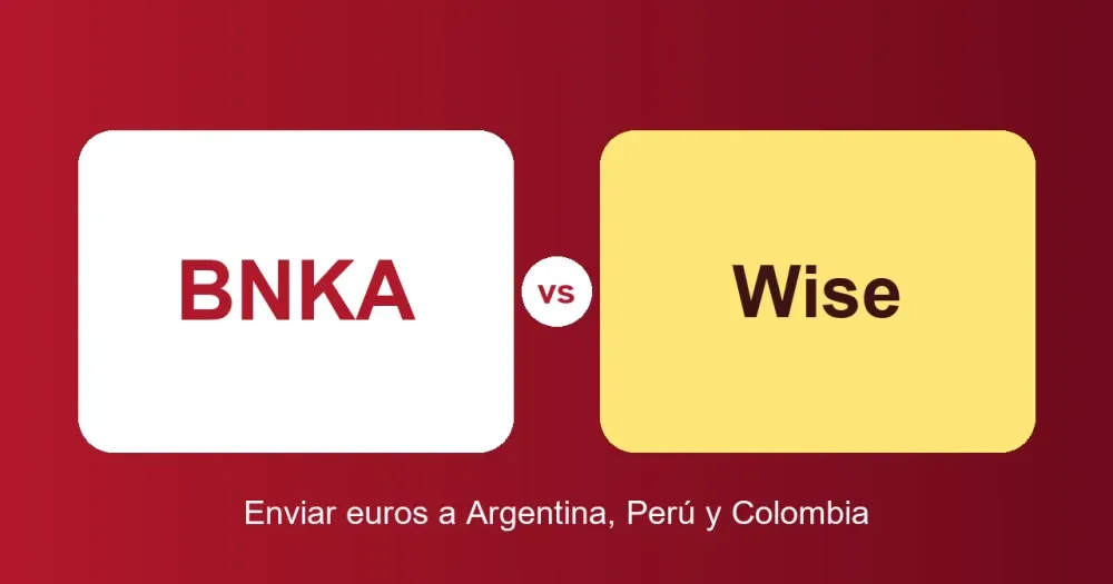 Ilustracion plana: dos tarjetas, BNKA y Wise, unidas por un vs. Comparativa para enviar euros a Argentina, Peru y Colombia