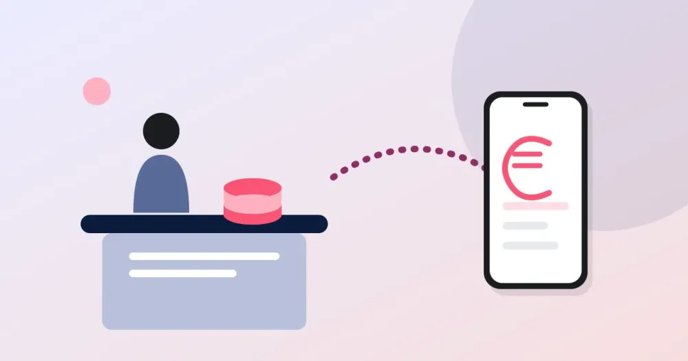 Ilustracion plana: un mostrador con monedas a un lado y un telefono con saldo al otro, unidos por un arco punteado. Alternativas a Western Union para enviar dinero a Peru