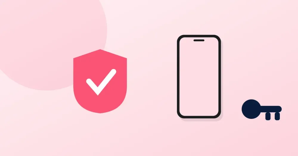 Ilustracion plana: escudo coral con marca de verificacion, telefono y una llave. Seguridad de la cuenta