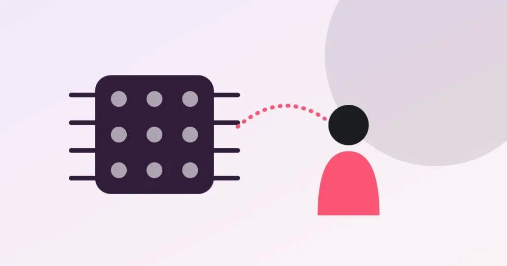 Ilustracion plana: chip morado conectado a la silueta de una persona. Inteligencia artificial y decision humana