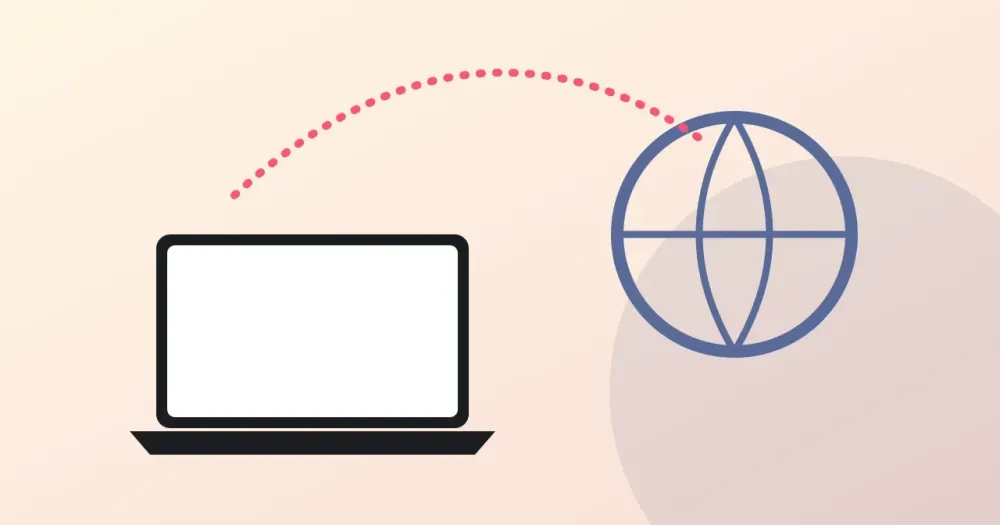 Ilustracion plana: laptop frente a un globo terraqueo con una ruta punteada. Nomada digital