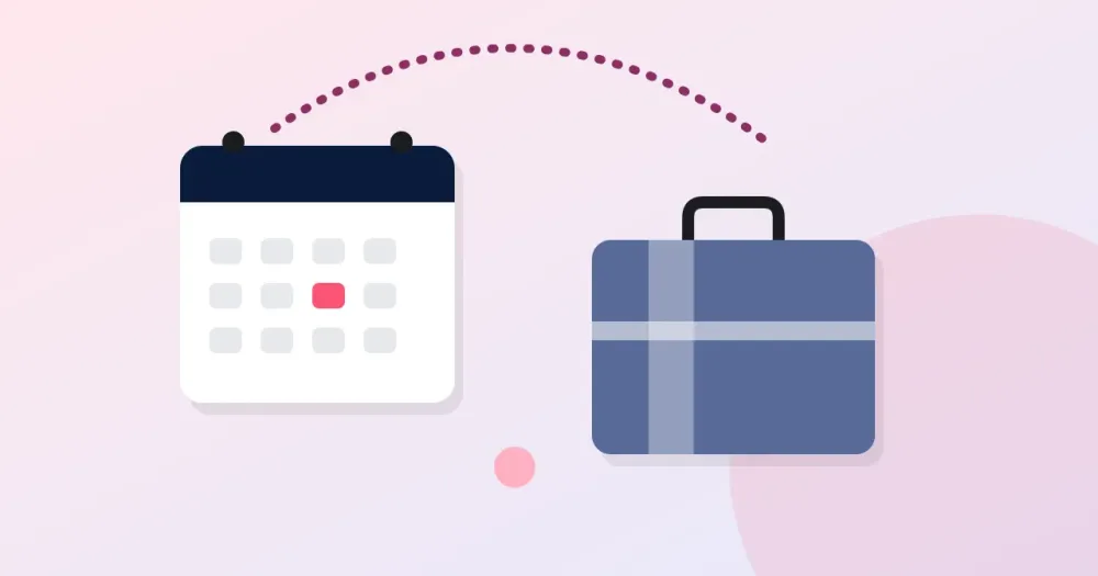 Ilustracion plana: calendario con un dia marcado y una maleta azul. Primer ano viviendo afuera