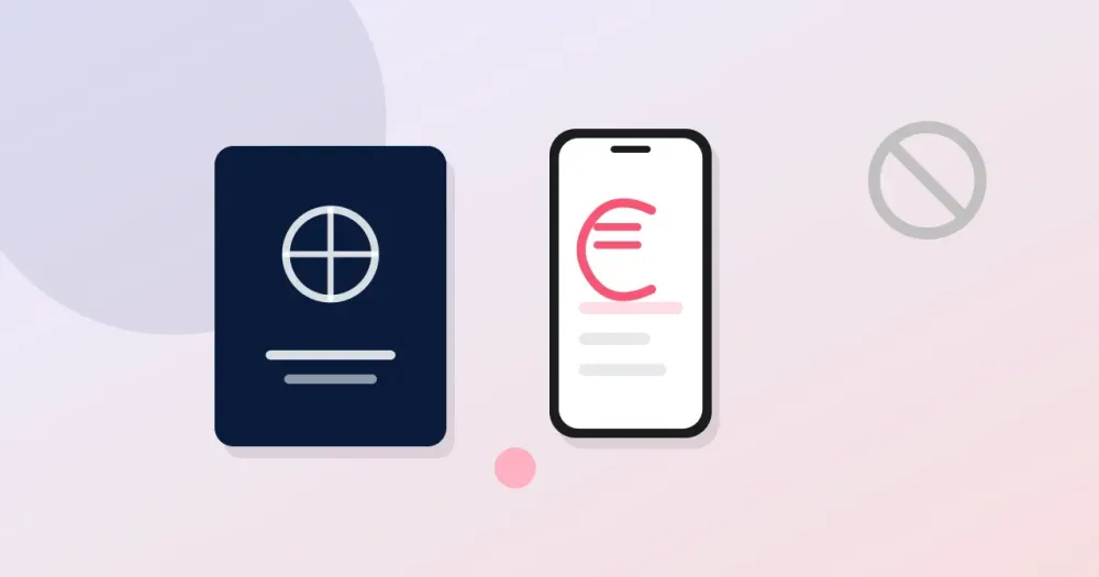Ilustracion plana: pasaporte junto a la app con saldo en euros, con un documento local tachado. Abrir cuenta sin NIE