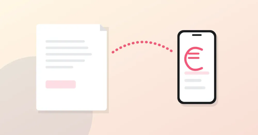 Ilustracion plana: factura que se acredita en el saldo en euros de la app. Cobrar de Upwork en euros